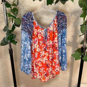 The Pioneer Woman LS Mixed Print Peasant Blouse, Multi-Color, Women’s Size XXL